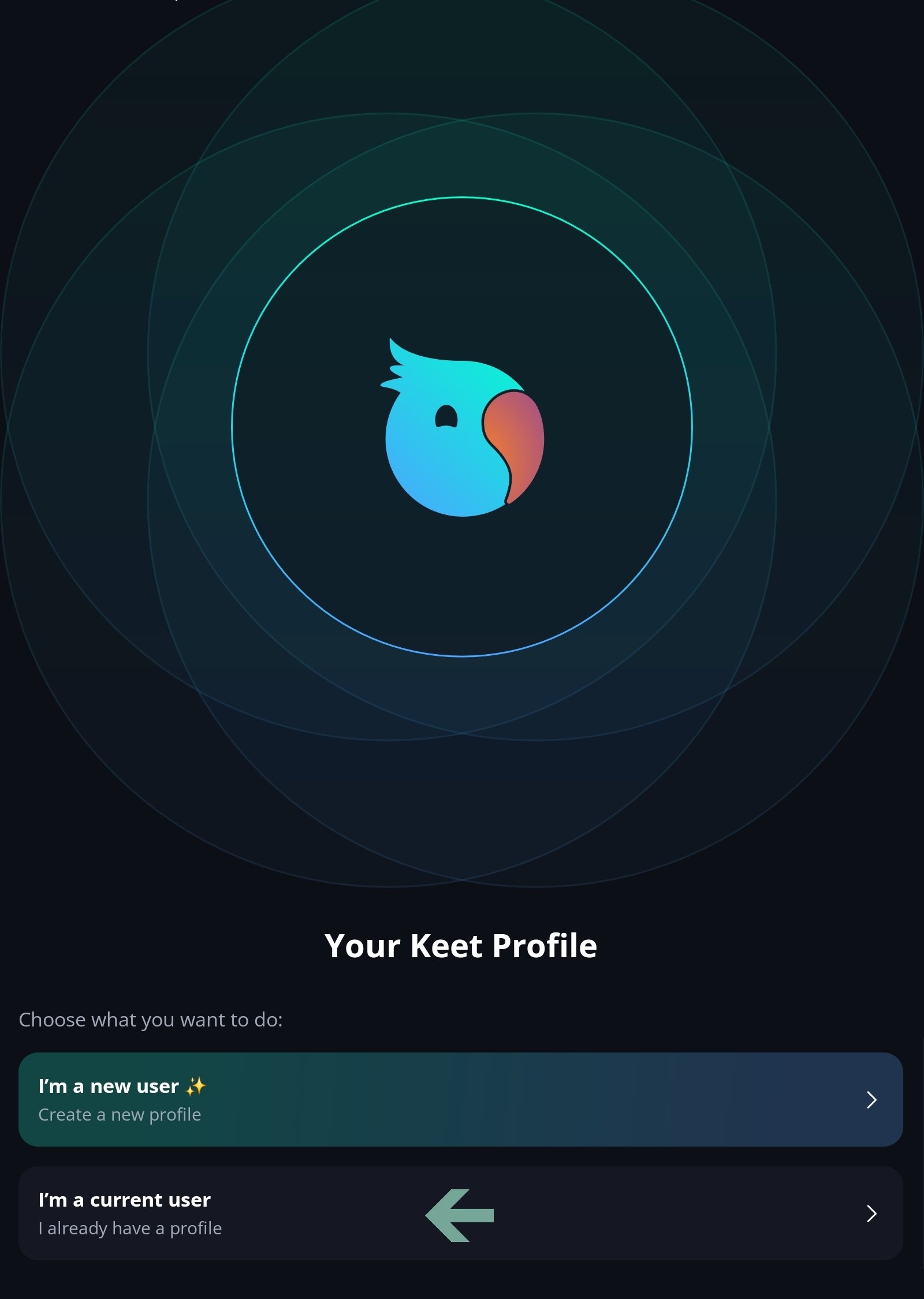 Link Devices Open Keet on the new device and select 'I’m a current user'.