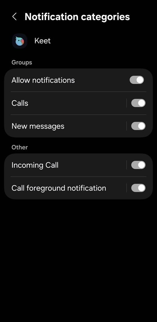 Notifications · Mobile Open your device 'Settings' / 'Apps' / 'Keet' / 'Notifications'.
