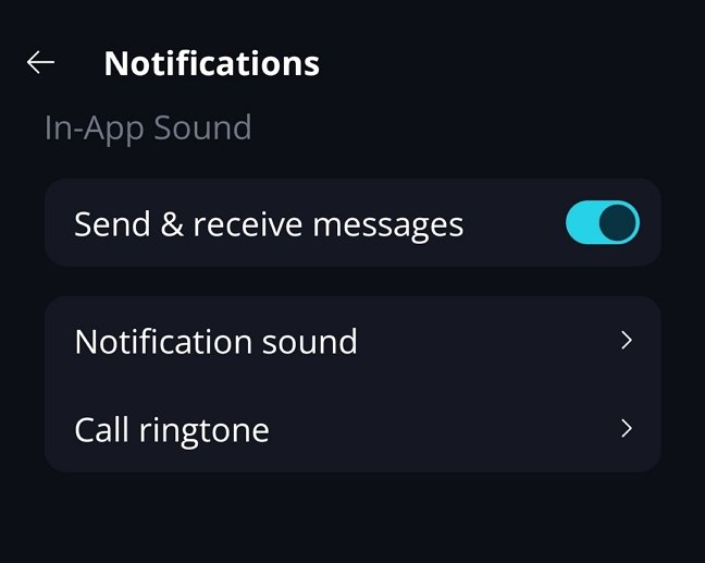 Notifications · Mobile Here you can also toggle in-app sounds for sending and receiving messages when Keet is open.