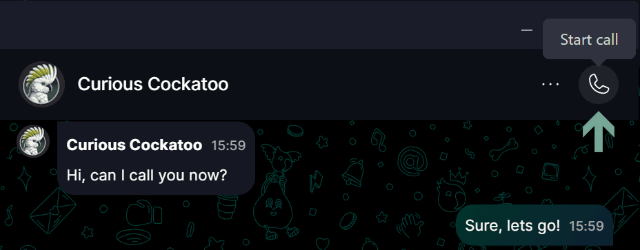 Voice calls π Alternatively, you can start a call in the group - either DM or a regular group if calls are enabled - by cβ¦.